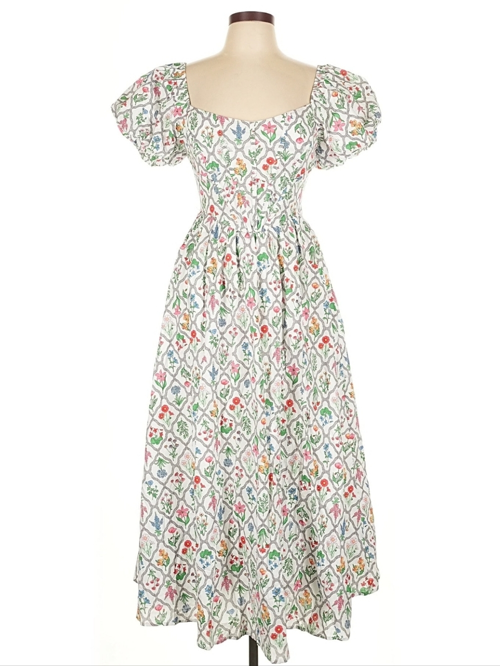 Moon River White Floral Puff-Sleeve Corset Back Midi Dress